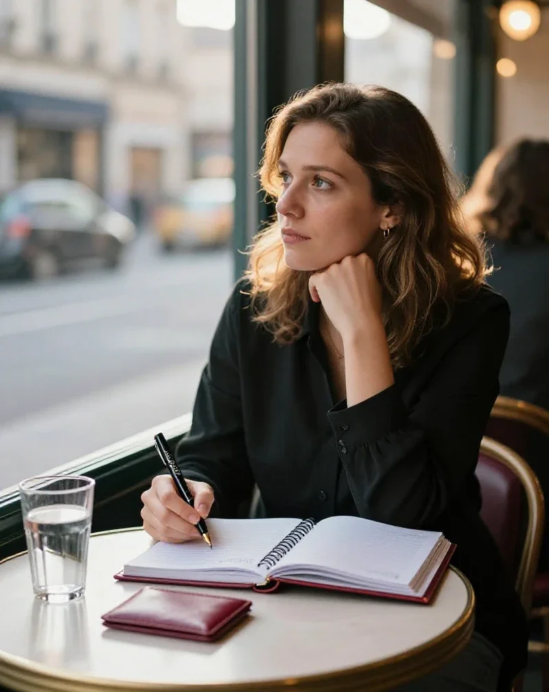 Une femme observe le quotidien urbain pour mieux planifier ses décisions personnelles.